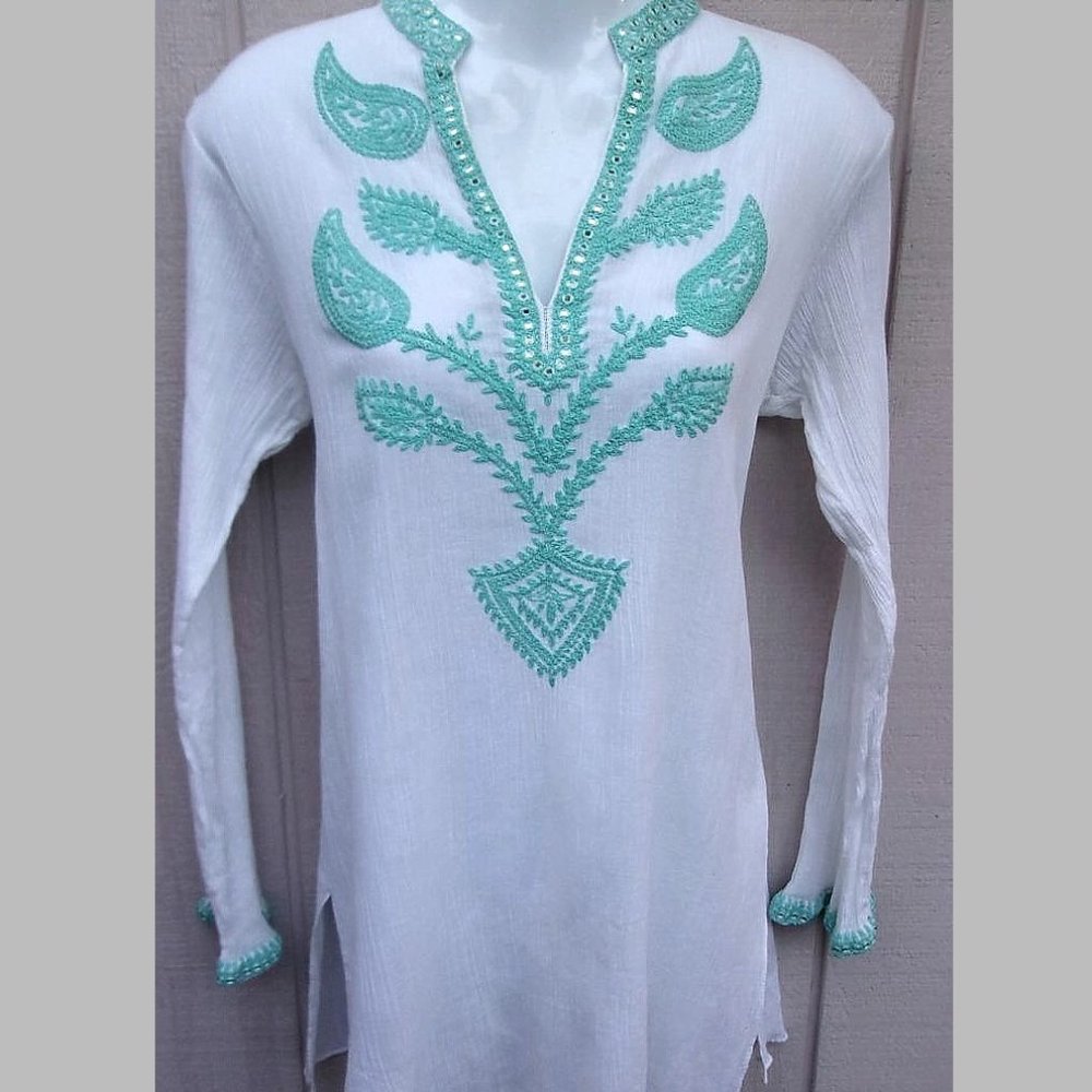 Sulu Crinkle Tunic Top ~ Sz Womens 8 ~ Mirror Embroidered